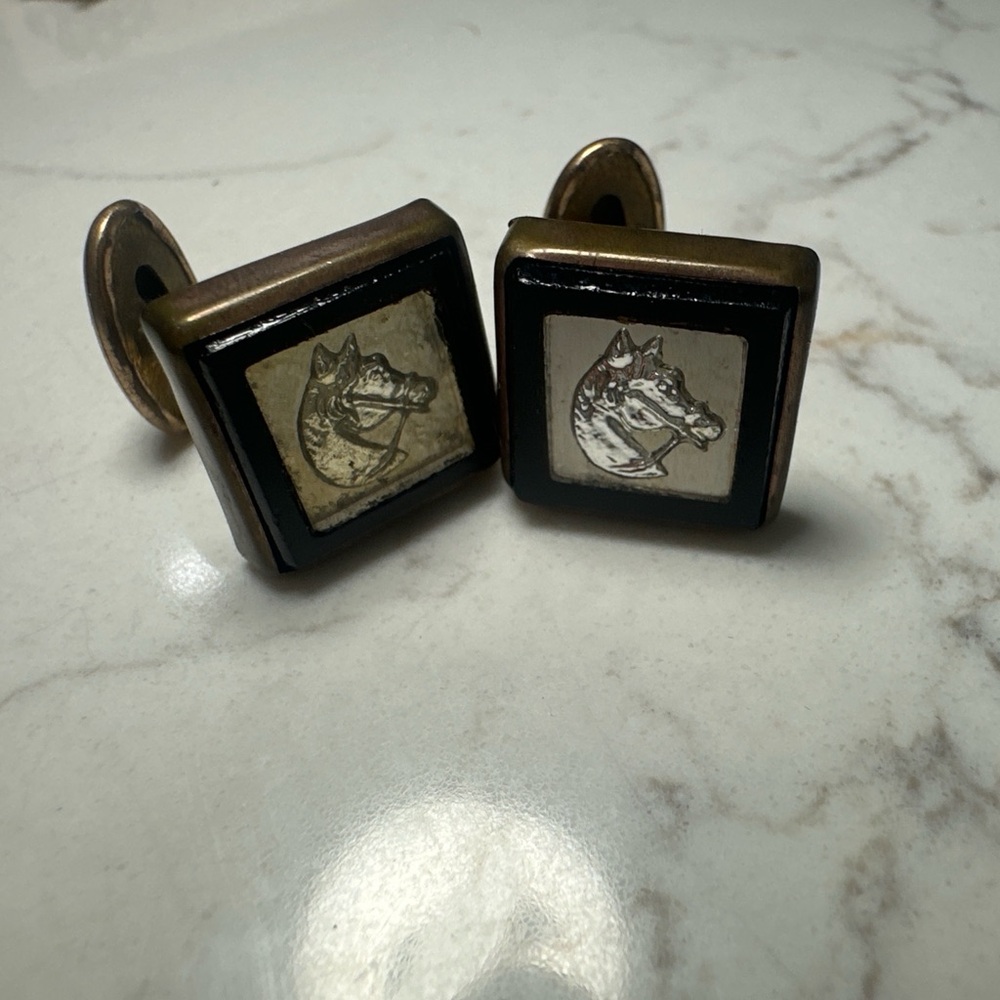 Vintage Equestrian Horse Head Cufflinks – Brass & Enamel